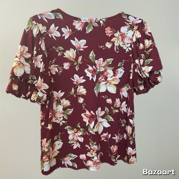 Flower & Feather Maroon Blouse Floral Print V Neck Puffy Sleeve Buttons Women L - Picture 2 of 6